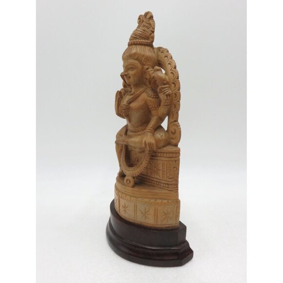 Hand-Carved Wooden Indian Statue With Intricate Detailing and Dark Base 9" Tall - Picture 7 of 11